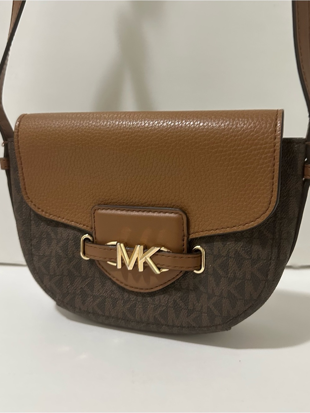 Michael Kors Brown and Tan Logo Saddle Crossbody